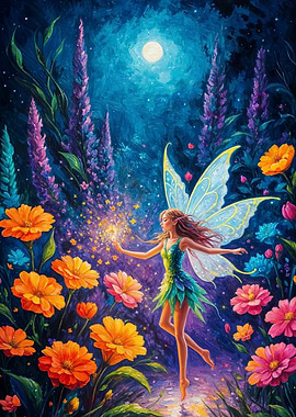 Fairy in a Floral Night Garden