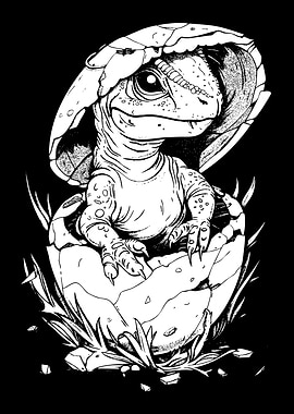 Hatching Dinosaur Black and White Illustration