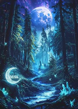 Mystical Forest with Moon and Stream
