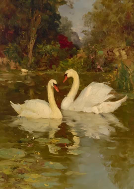 Swans in a pond painting