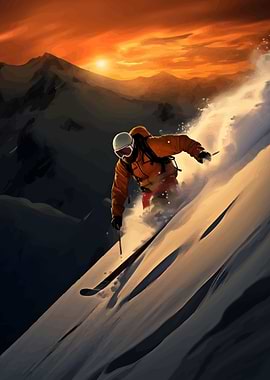 Skier descending snowy mountain at sunset
