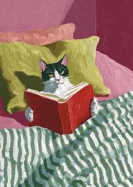 Cat reading a book in bed