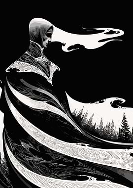 Monochrome hooded figure with forest landscape