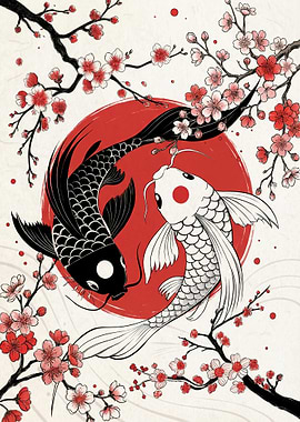 Yin Yang Koi Fish with Cherry Blossoms