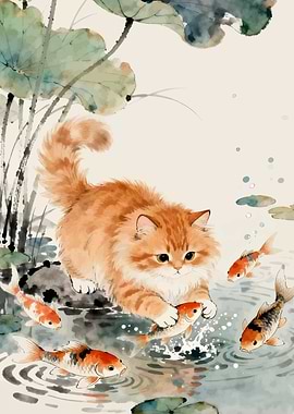 Watercolor Cat Fishing for Koi