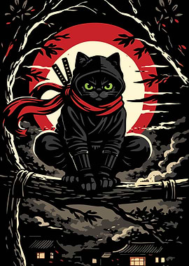 Ninja Cat Red Moon Shinobi