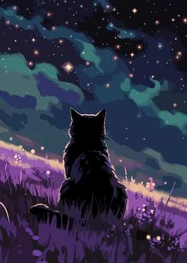 Cat gazing at the starry sky