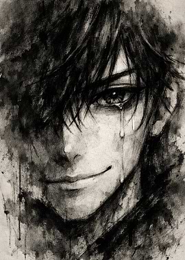 Monochrome Anime Boy Portrait with Tears