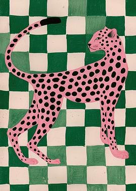 Pink Leopard on Checkered Background