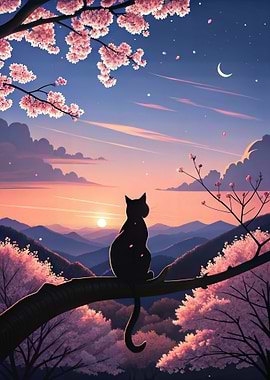 Cat Silhouette in Cherry Blossom by Sunset