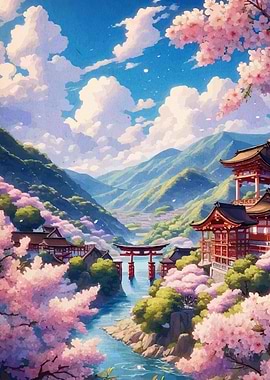Japanese Landscape with Cherry Blossoms