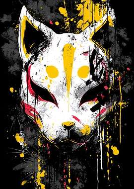 Fox Kitsune Mask with Paint Splatters