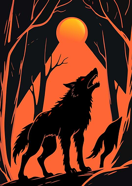 Howling Wolf Silhouette in Orange Moonlight