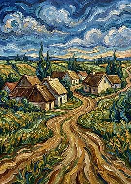 Village Landscape Painting in Impressionist Style