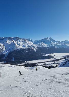 Skiing in the Mountains on a Sunny Day, St. Moritz, Corviglia