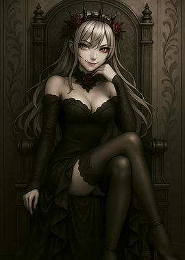 Anime Girl in Black Dress on Throne