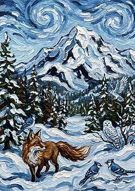 Winter Landscape with Fox and Birds