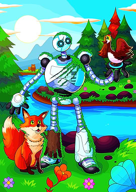 Robot, Fox, and Duck in Nature