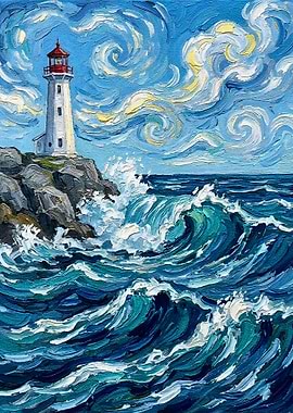 Lighthouse and Ocean Waves Painting