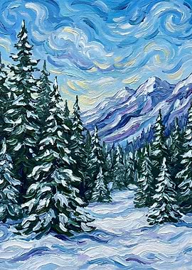 Winter Landscape Painting with Snow-Covered Trees