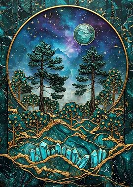 Emerald Forest Nightscape with Crystals