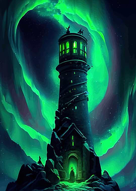 Mystical Lighthouse Under Aurora Borealis