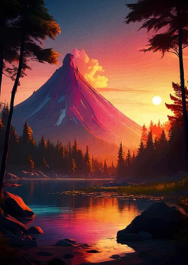 Mountain Lake Sunset Landscape Painting