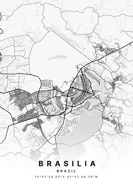 Brasilia Brazil White and Black Map