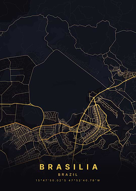 Brasilia Federal District Brazil Black and Gold Map