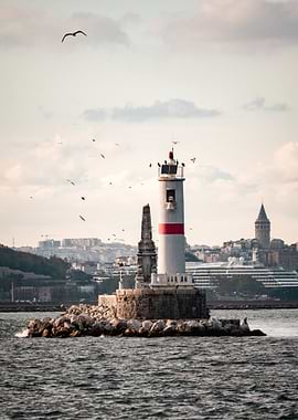 Lighthouse on rocky island in Istanbul