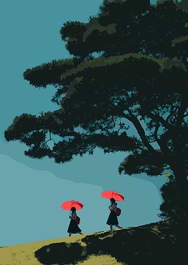 Two figures with red umbrellas