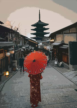 Japanese street with pagoda and woman