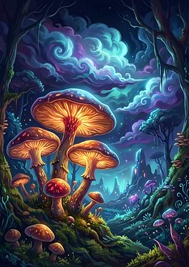 Glowing Mushrooms in Fantasy Landscape