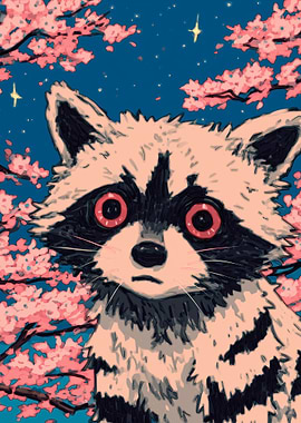 Raccoon with Cherry Blossoms