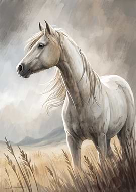 White Horse in a Field Painting