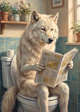Arctic Wolf Reading Newspaper on Toilet