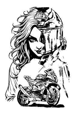 Motorcycle Girl Black and White Illustration