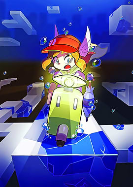 Cartoon Girl on Scooter in Abstract World