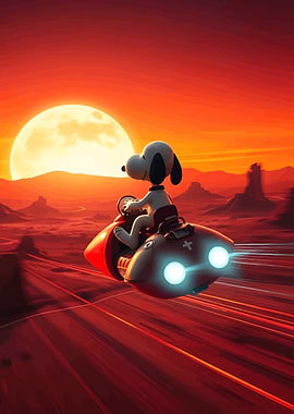 Snoopy on a futuristic motorcycle