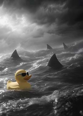 Duck with Sharks in Stormy Sea