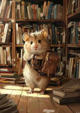 Hamster with Backpack in Library