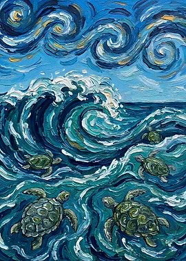 Sea Turtles in Van Gogh Style Ocean