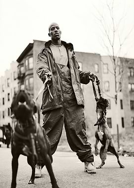 DMX with dogs in black and white