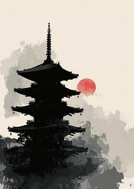 Japanese Pagoda Silhouette with Red Sun