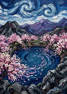 Cherry Blossom Pond Impressionistic Painting