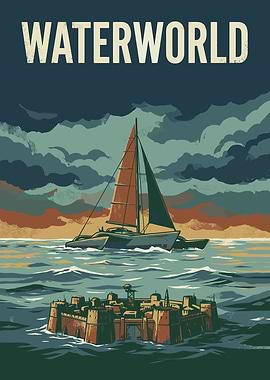 Waterworld Illustration with Sailboat and Fortress