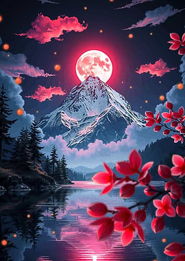 Mountain, Moon, and Blossoms Landscape