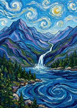 Mountain Waterfall Landscape Painting