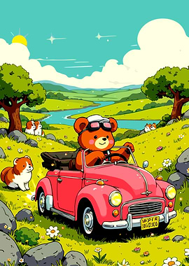 Bear Driving a Car in Nature