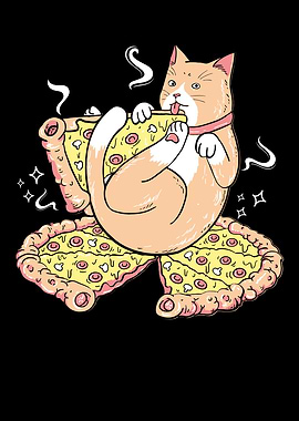 Cat eating pizza cartoon illustration